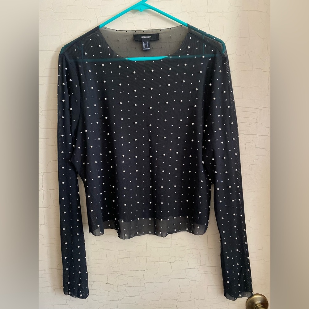 Forever 21 Rhinestones with Pearls Sheer Top Size 1X